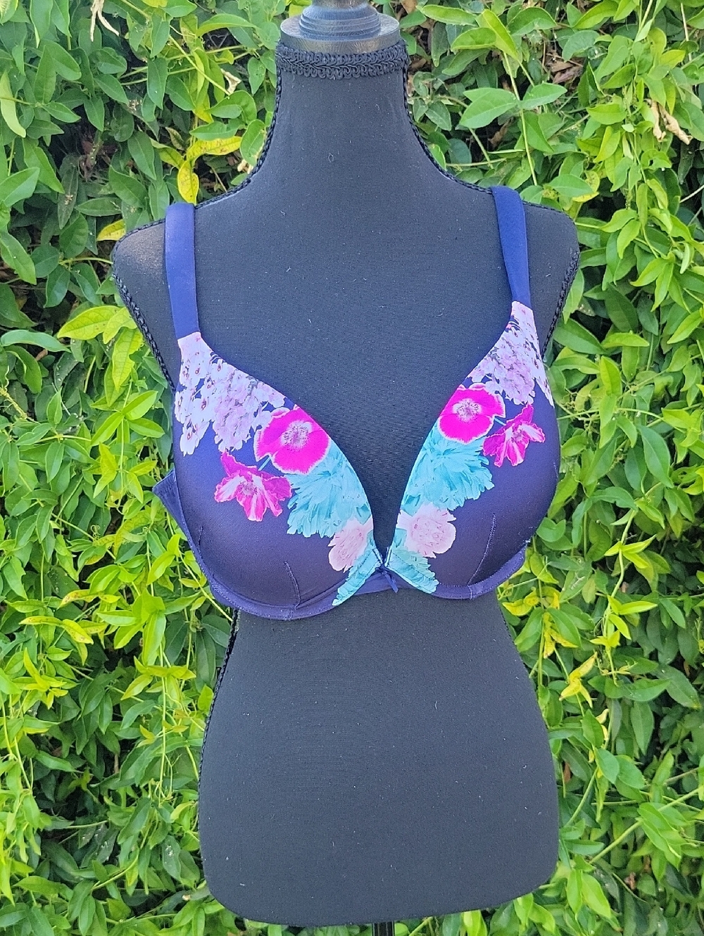 Cacique Boost Plunge  Navy Bra with Pink and Aqua Floral Print 40D